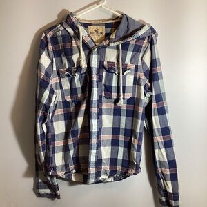Hollister Navy and White Plaid Shirt Heavy with hood surf curl style